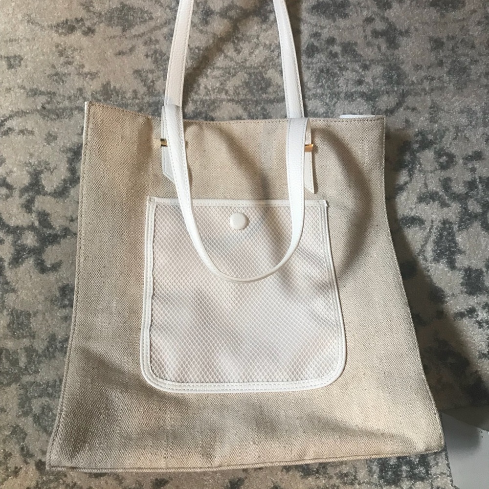 Ann Taylor Burlap and white leather tote